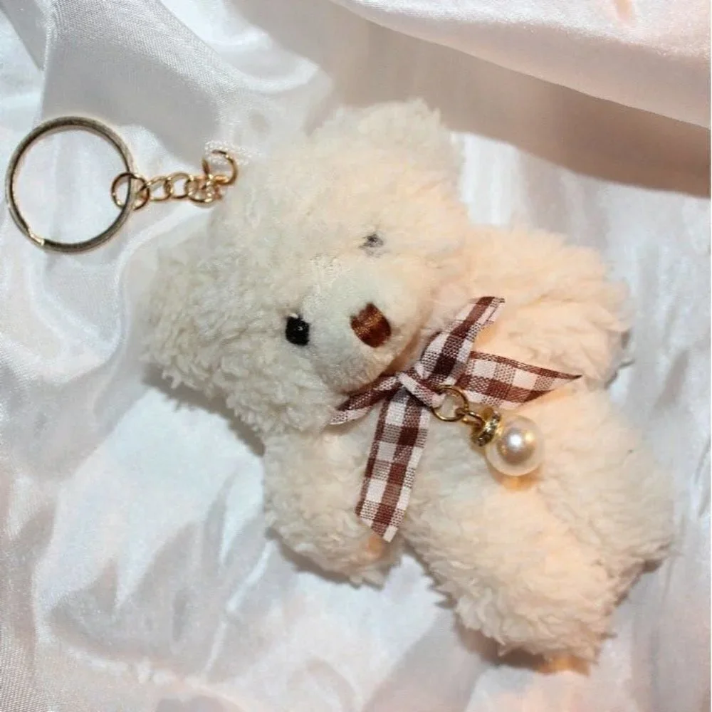 Super Cute Stuffed Animal Adorable Off-White Teddy Bear Pearl Charm Key Chain